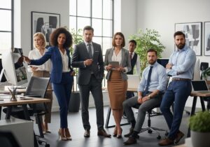 Grupa osób w profesjonalnym biurze w eleganckich stylizacjach, naturalne światło, nowoczesne wnętrze.