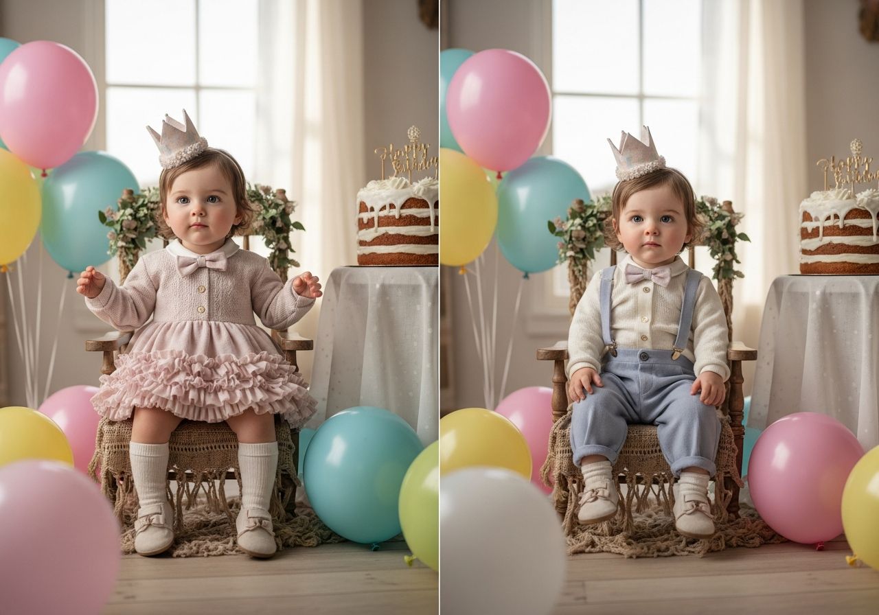 Jednoroczny dziecko w pastelowym stroju z koroną siedzi przy udekorowanym stole z tortem i balonami