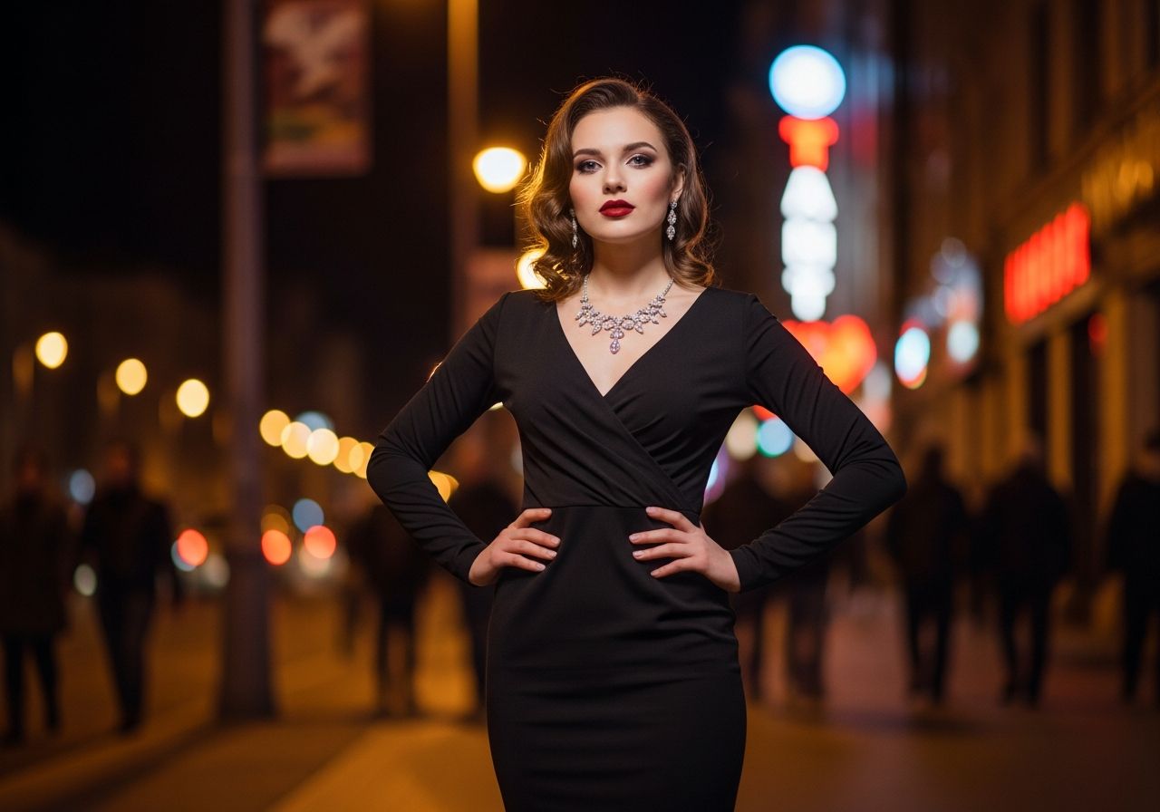 Młoda kobieta w wieczorowej kreacji na tle nocnej ulicy z rozmytym oświetleniem i żywą atmosferą miasta