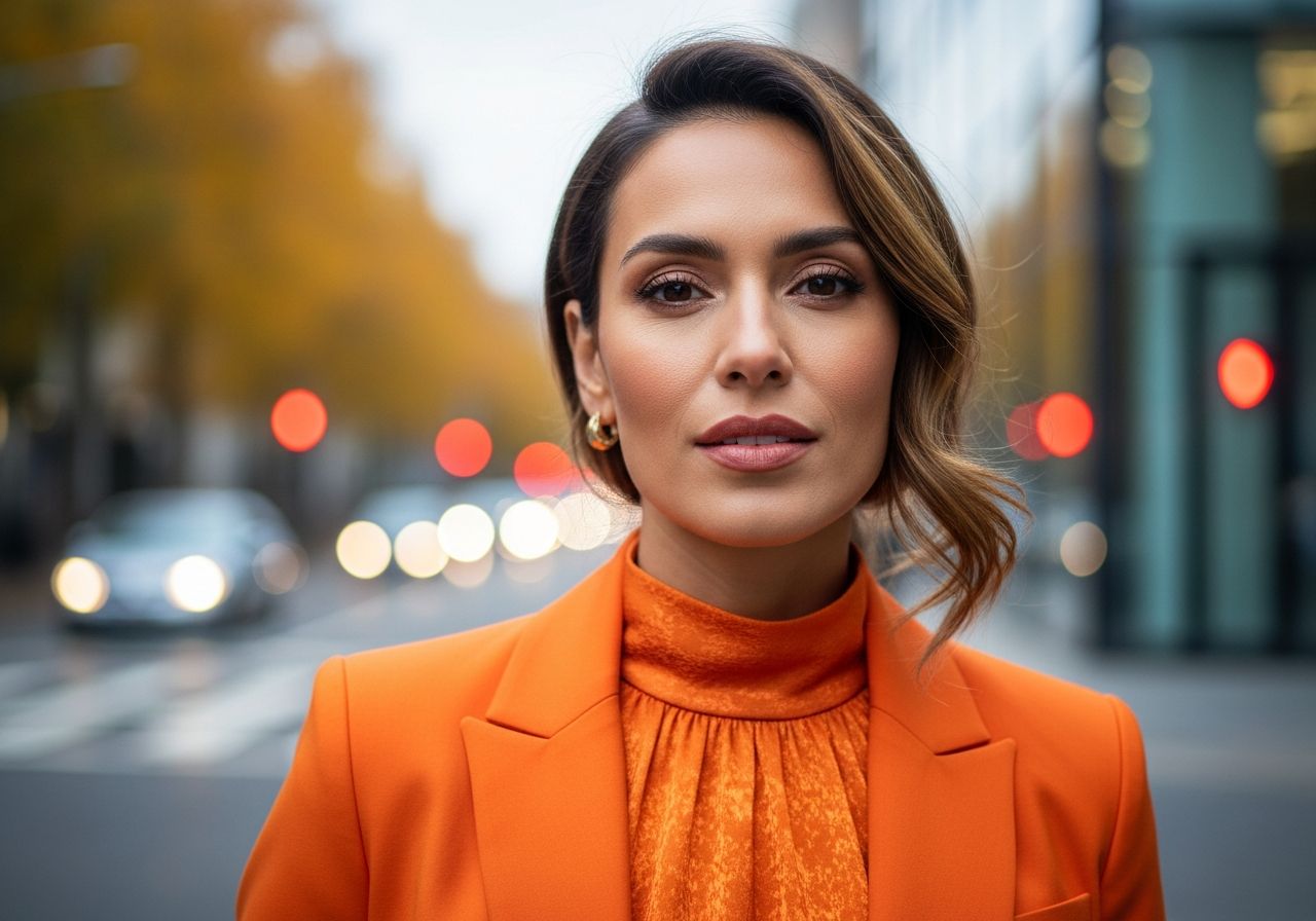 Kobieta w pomarańczowej odzieży na miejskim tle w ciepłym, naturalnym świetle