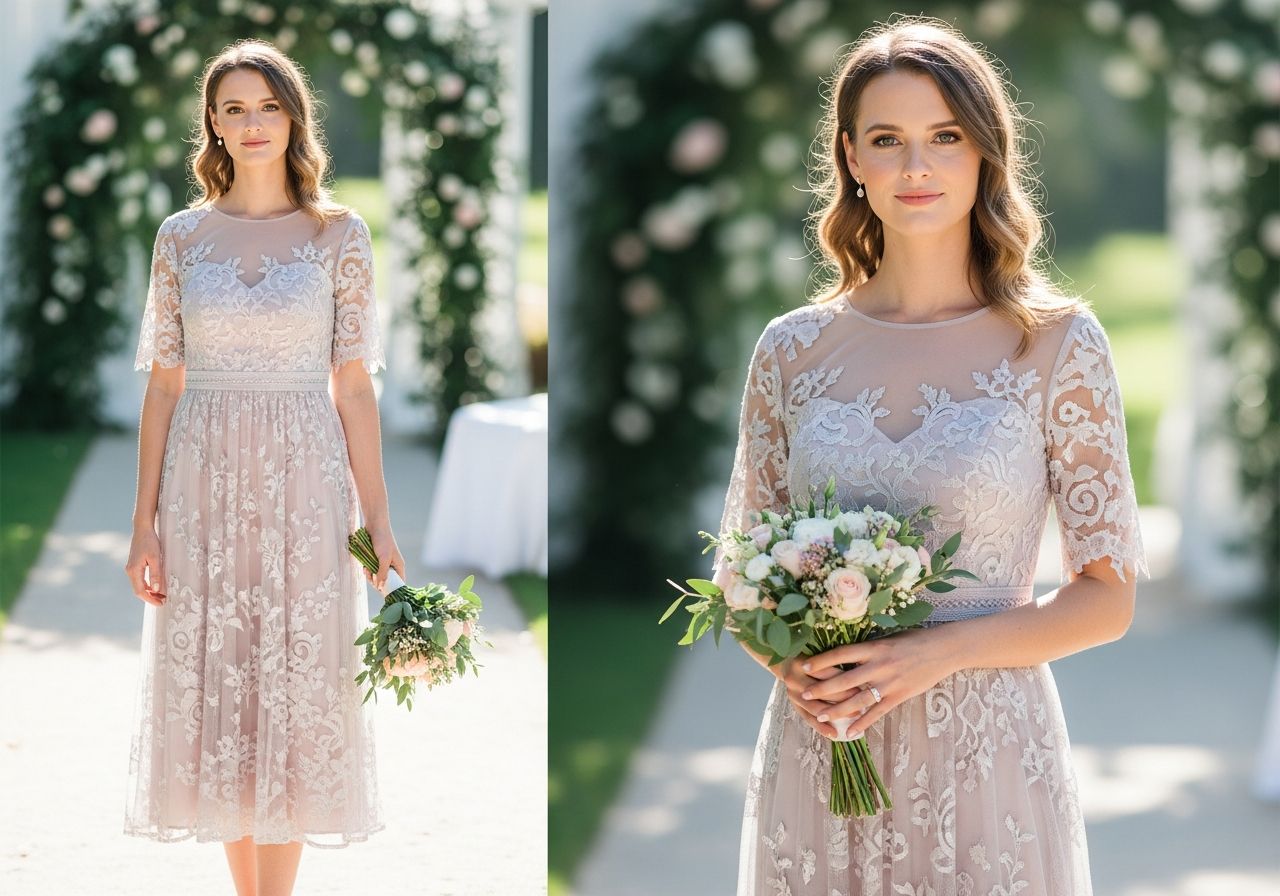 Panna druhna w pastelowej sukience midi trzyma bukiet, stoi na tle rozmytego pleneru ślubnego