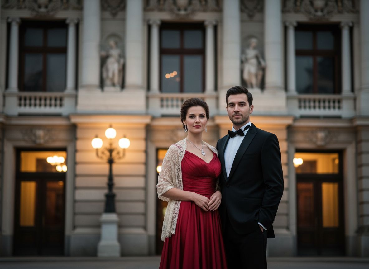 Elegancka para w strojach wieczorowych stoi przy wejściu do zabytkowego teatru operowego.