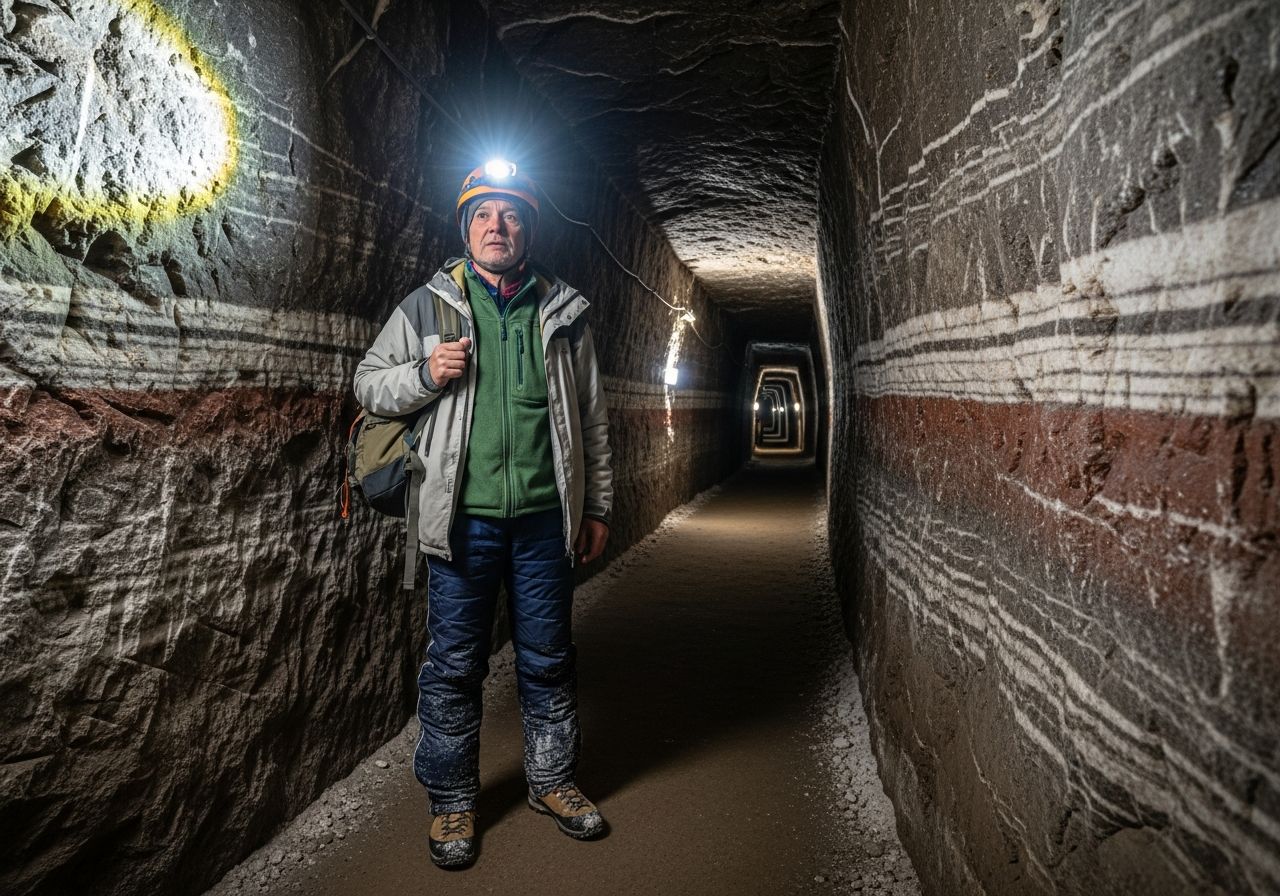 Osoba w ciepłym ubraniu i kasku z lampą stoi w tunelu kopalni soli Wieliczka