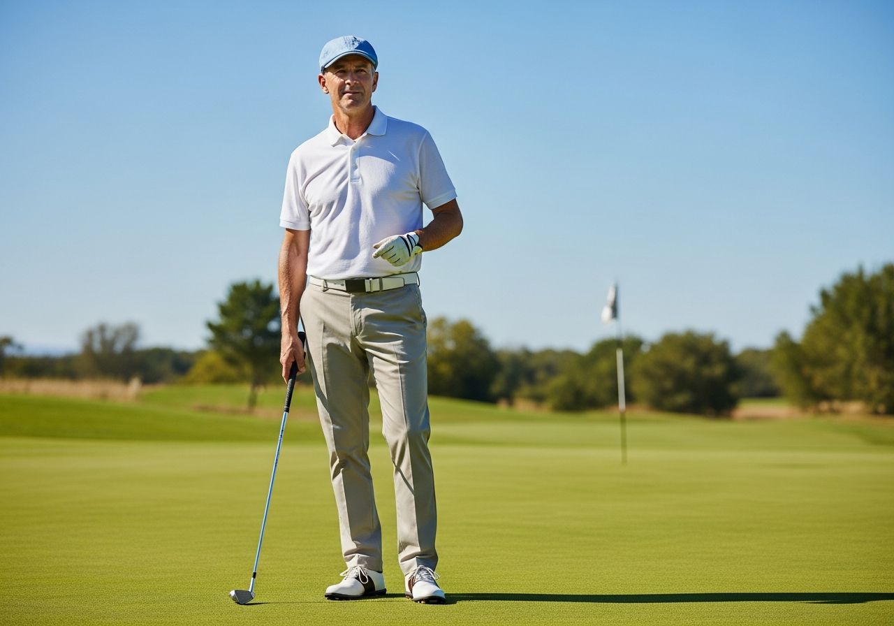 Mężczyzna w białej koszulce i jasnych spodniach stoi z kijem na zielonym polu golfowym pod niebieskim niebem.