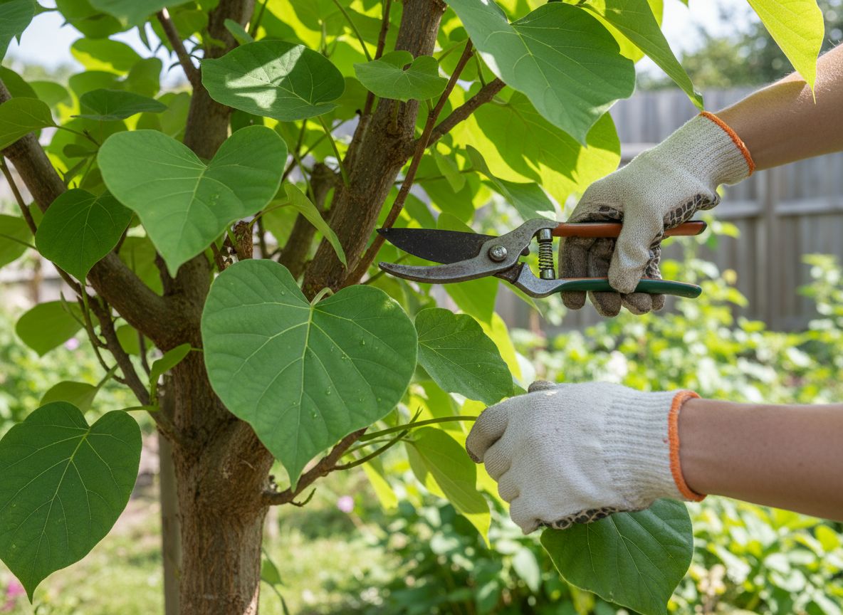 Ogródnik przycina krzew paulowni tomentosa w naturalnym świetle, skupienie na liściach i korze
