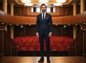 Mężczyzna w granatowym garniturze stoi w nowoczesnym foyer teatru z czerwonymi fotelami i drewnianymi detalami
