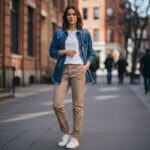 Młoda kobieta w niebieskiej jeansowej koszuli i beżowych chino stoi na miejskiej ulicy w naturalnym świetle.