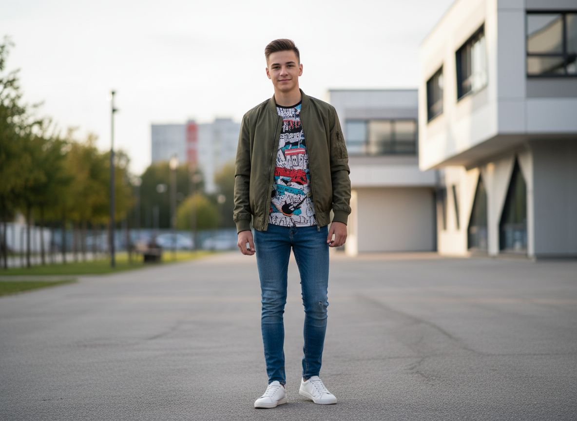 Chłopak stoi pewnie przed nowoczesną szkołą w casualowym ubraniu na tle miejskim w świetle dziennym