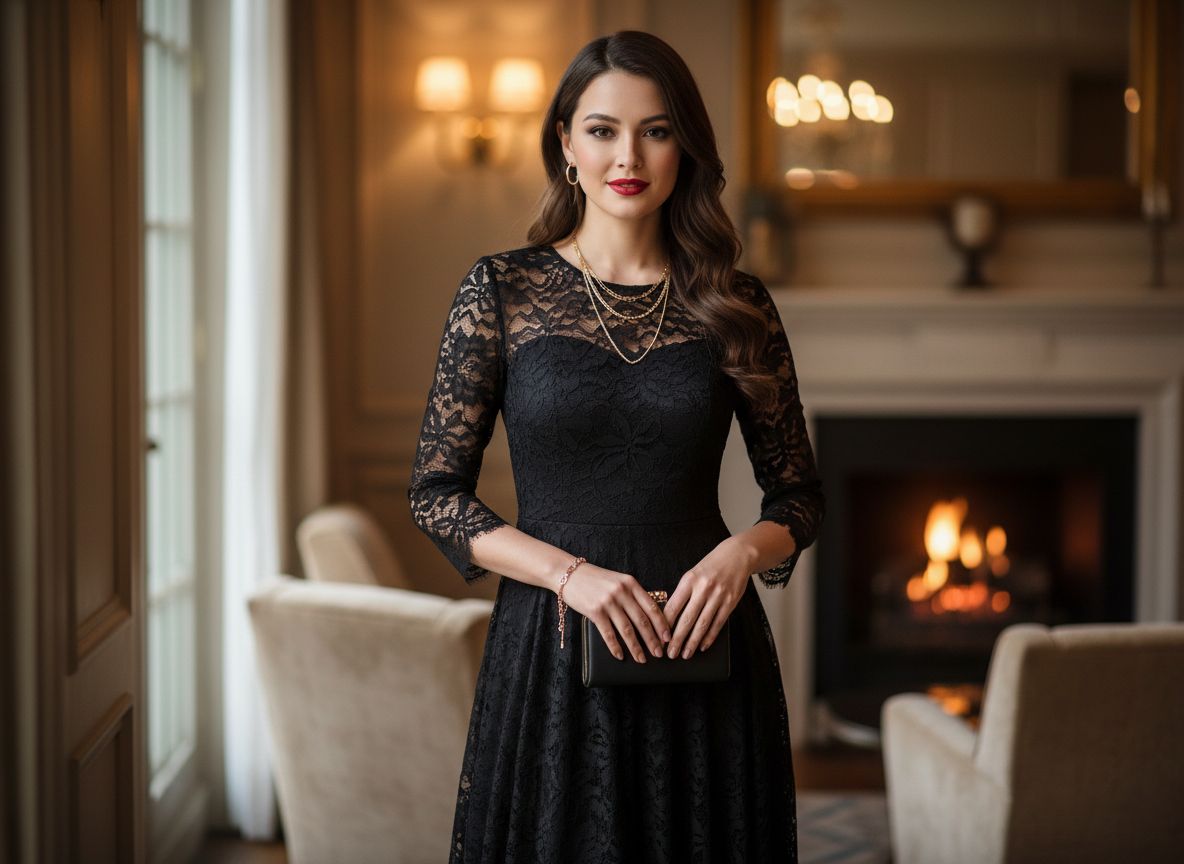 Elegancka kobieta w czarnej koronkowej sukience z delikatną biżuterią trzyma małą czarną torebkę.