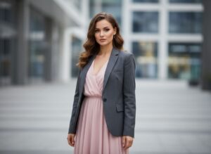 Kobieta w różowej sukience i eleganckim kontrastowym blezerze na miejskim tle.