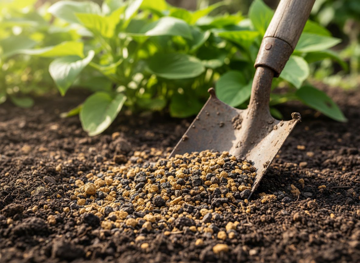 Zbliżenie na granulowany nawóz organiczny rozsypany na glebie z drewnianą łopatką w ogrodzie