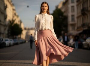 Młoda kobieta w asymetrycznej spódnicy i bluzce z bufkami na tle miejskiej ulicy w naturalnym świetle