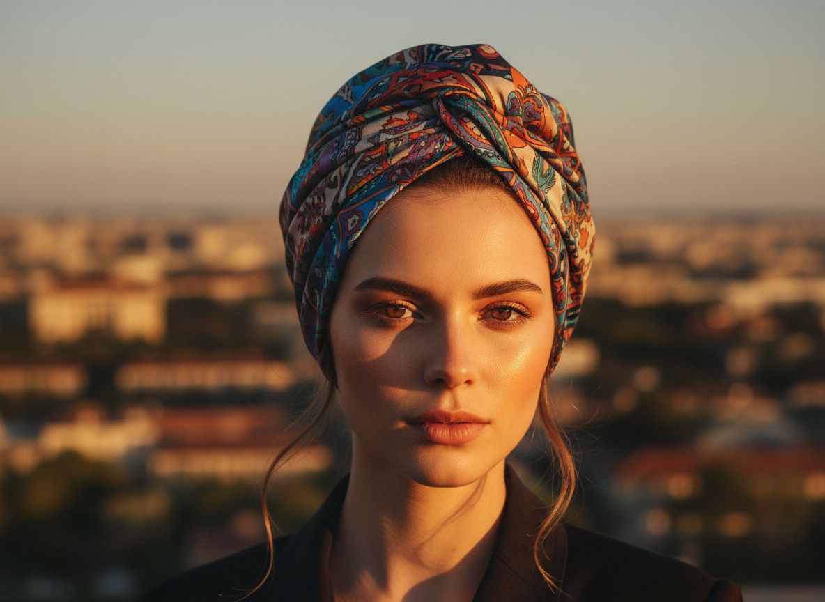 Młoda kobieta w szaliku na głowie w stylu boho podczas złotej godziny na tle miasta.
