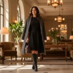 Kobieta w małej czarnej i kozakach do kolan w eleganckim lobby hotelowym