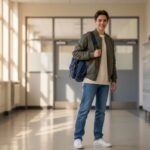Uczennica w codziennym stroju szkolnym z plecakiem na korytarzu szkoły