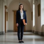 Kobieta w eleganckim stroju na obronę pracy dyplomowej, stojąca w uniwersyteckim korytarzu.