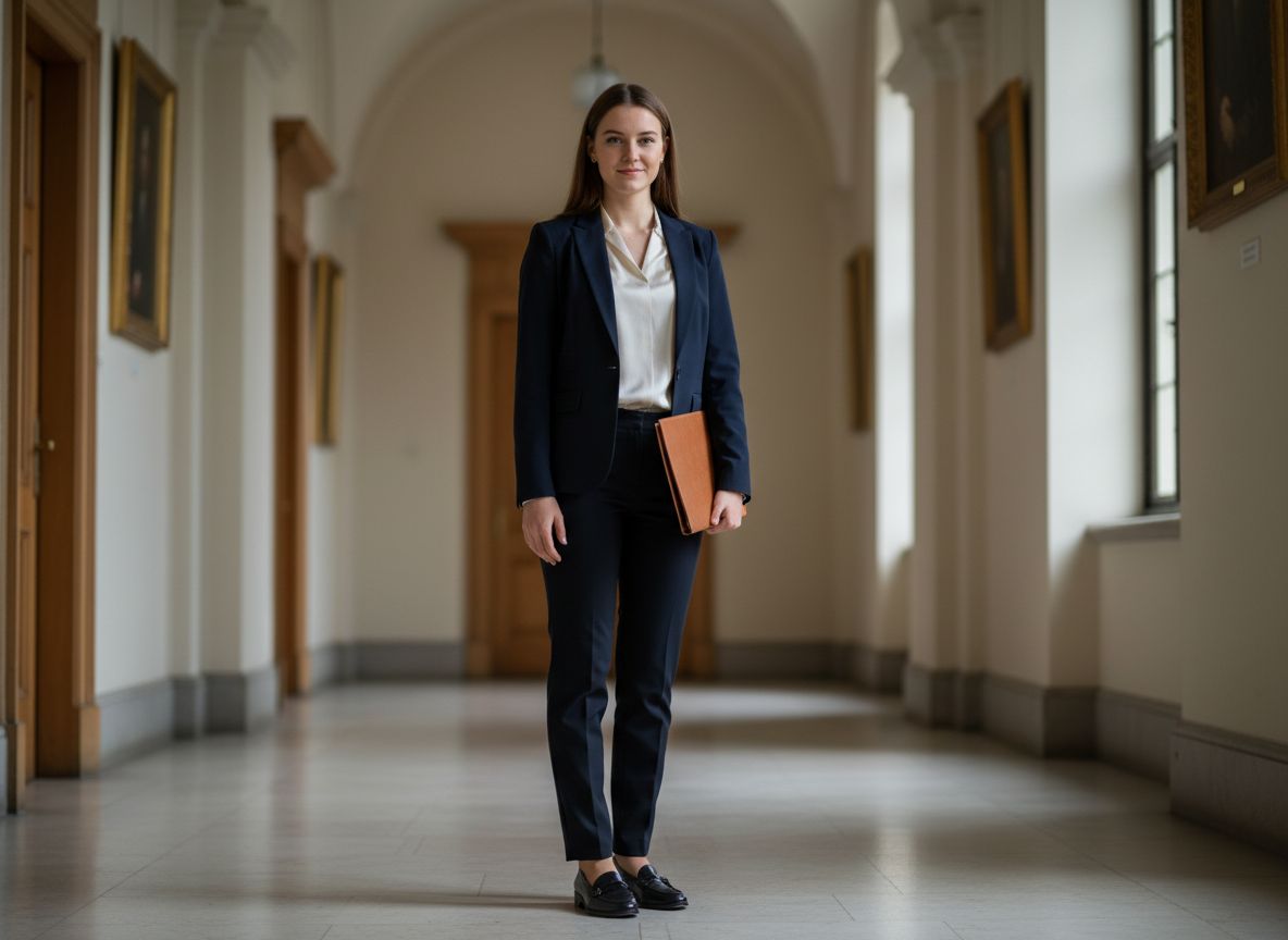 Kobieta w eleganckim stroju na obronę pracy dyplomowej, stojąca w uniwersyteckim korytarzu.