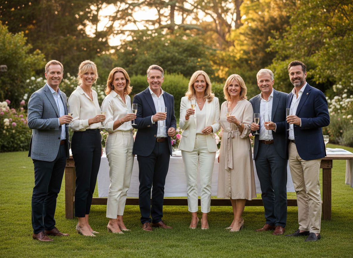 Grupa dorosłych na spotkaniu na świeżym powietrzu podczas złotej godziny, ubrani elegancko casual.